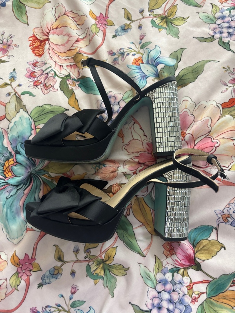 Black Satin Platform Heels with Embellished Block Heel